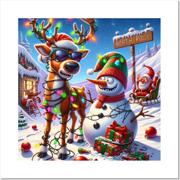 Santa, Rudolph and a Snowman at the North Pole Wall Art by TooplesArt